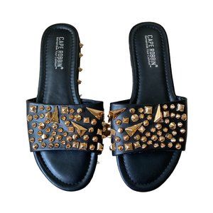 Cape Robbin Womens Sandals Mules Slides 6 NWOB Black Gold Stud Faux Leather